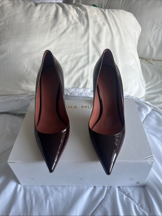 Amina Muaddi Shoes - Amina Muaddi Patent Pointed-Toe Pumps in Deep Burgundy
